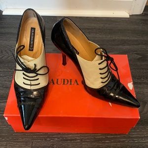 Black patent and beige lace up pumps